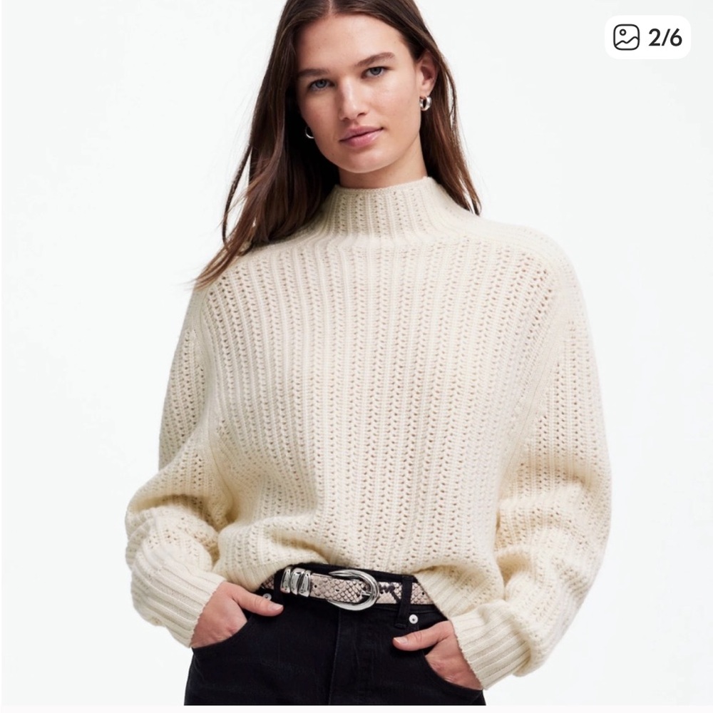 100% Wool Madewell Mockneck Sweater Ivory Pointelle stitch